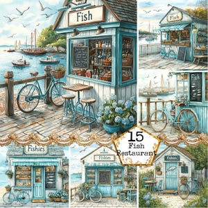 Aquarell Fisch Restaurant Bundle JPEG Sofortiger Download Aquarell Strand Sommer Clipart Kommerzielles Papier Handwerk Junk Journal Scrapbooking