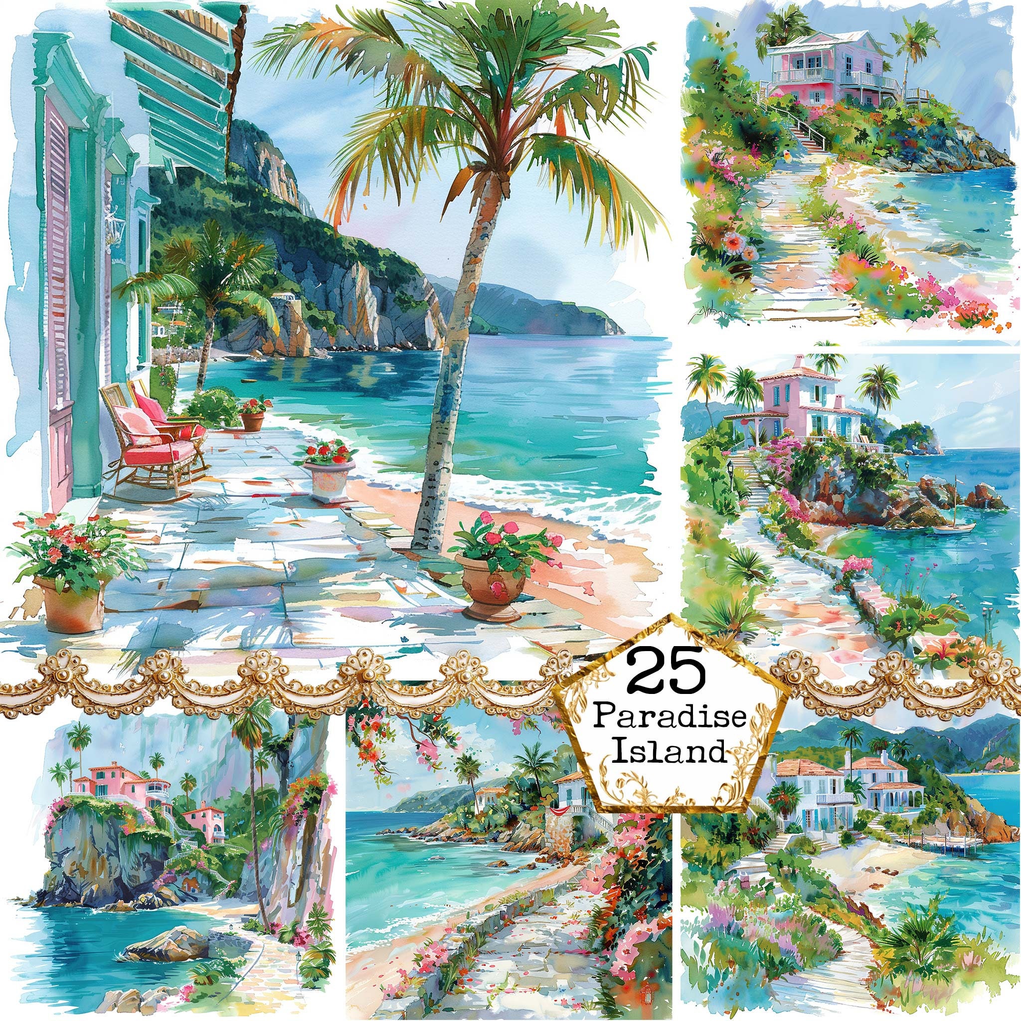 JPEG Tropical Island Overgrown With Flowers Clipart JPEG Bundle Exotic ...