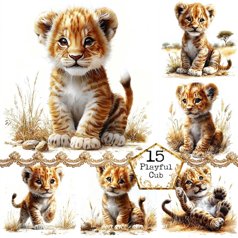 May include: A collection of 15 digital images featuring adorable cartoon lion cubs in various playful poses. The cubs are depicted in a natural setting with tall grass and rocks. The images are perfect for crafting projects, scrapbooking, or adding a touch of whimsy to your designs.
