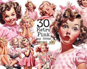 Retro Little Girl Clipart Bundle, Transparent PNG, 1950s fashion girl, Icecream, Pink Girls Scrapbook Junk Journal Paper Crafts Scrapbooking