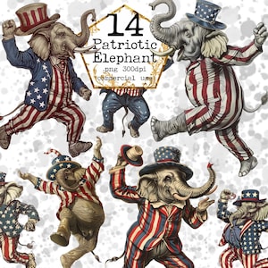 Bundle de cliparts éléphant vintage cirque antique patriotique victorien PNG Téléchargement instantané imprimable Artisanat en papier Junk Journal Scrapbooking