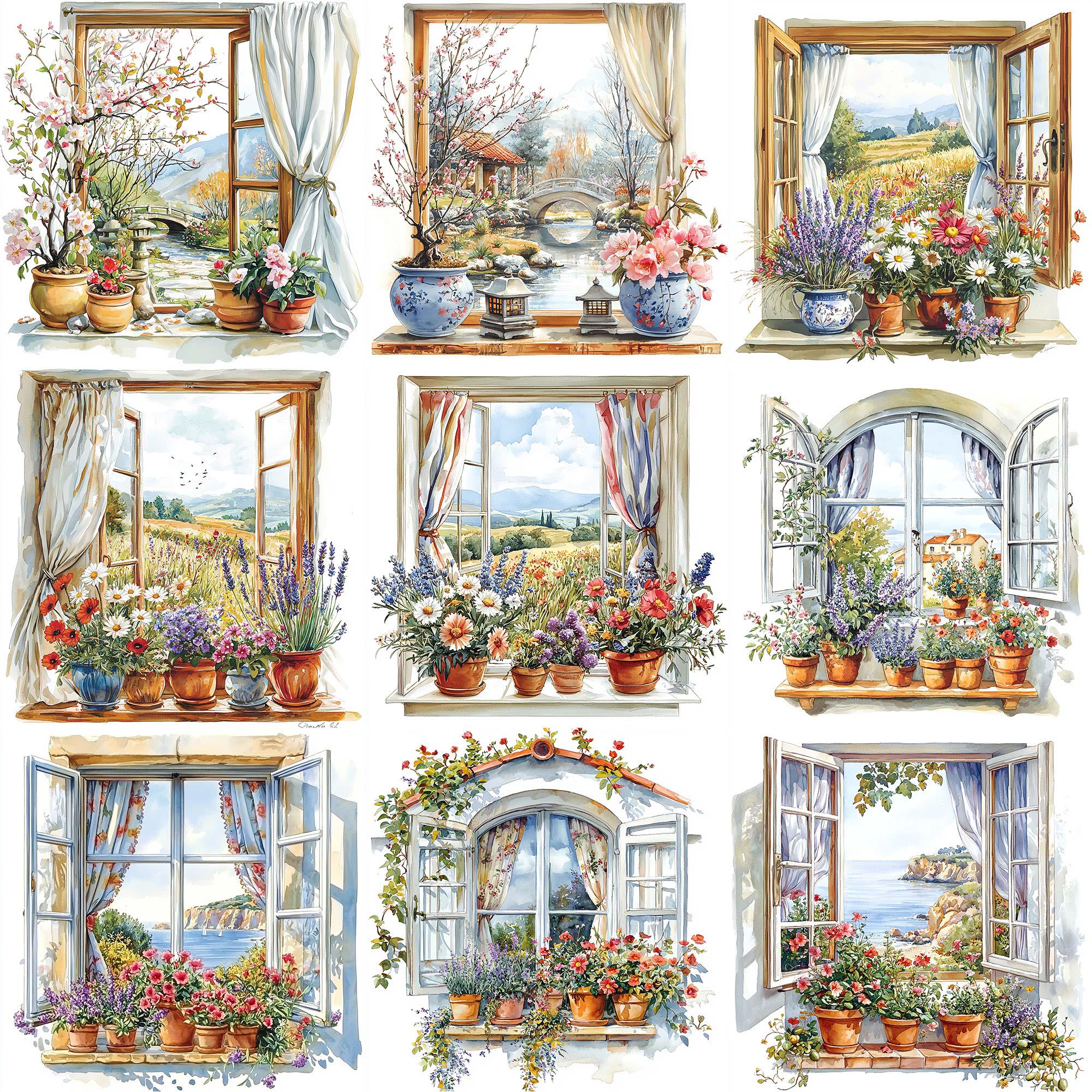 JPEG Watercolor Floral Window Clipart Bundle Spring Autumn Winter ...