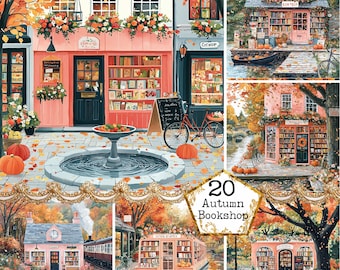 JPEG Autumn Bookstores Graphics Bundle Bookworm Illustration Books Clipart Commercial Instant Download Paper Craft Junk Journal Scrapbooking