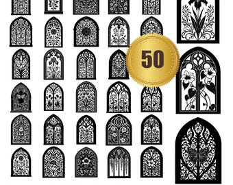 50 gotiska fönster svg, dxf, eps, ai, pdf, jpg, png fönsterklippfiler för Cricut, gotiska fönstervektorer kommersiellt bruk