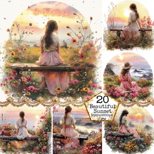 Acuarela Sunset JPEG Descarga instantánea Chica en el banco Clipart Shabby Chic Fondos Uso comercial Artesanías de papel Diario basura Scrapbooking