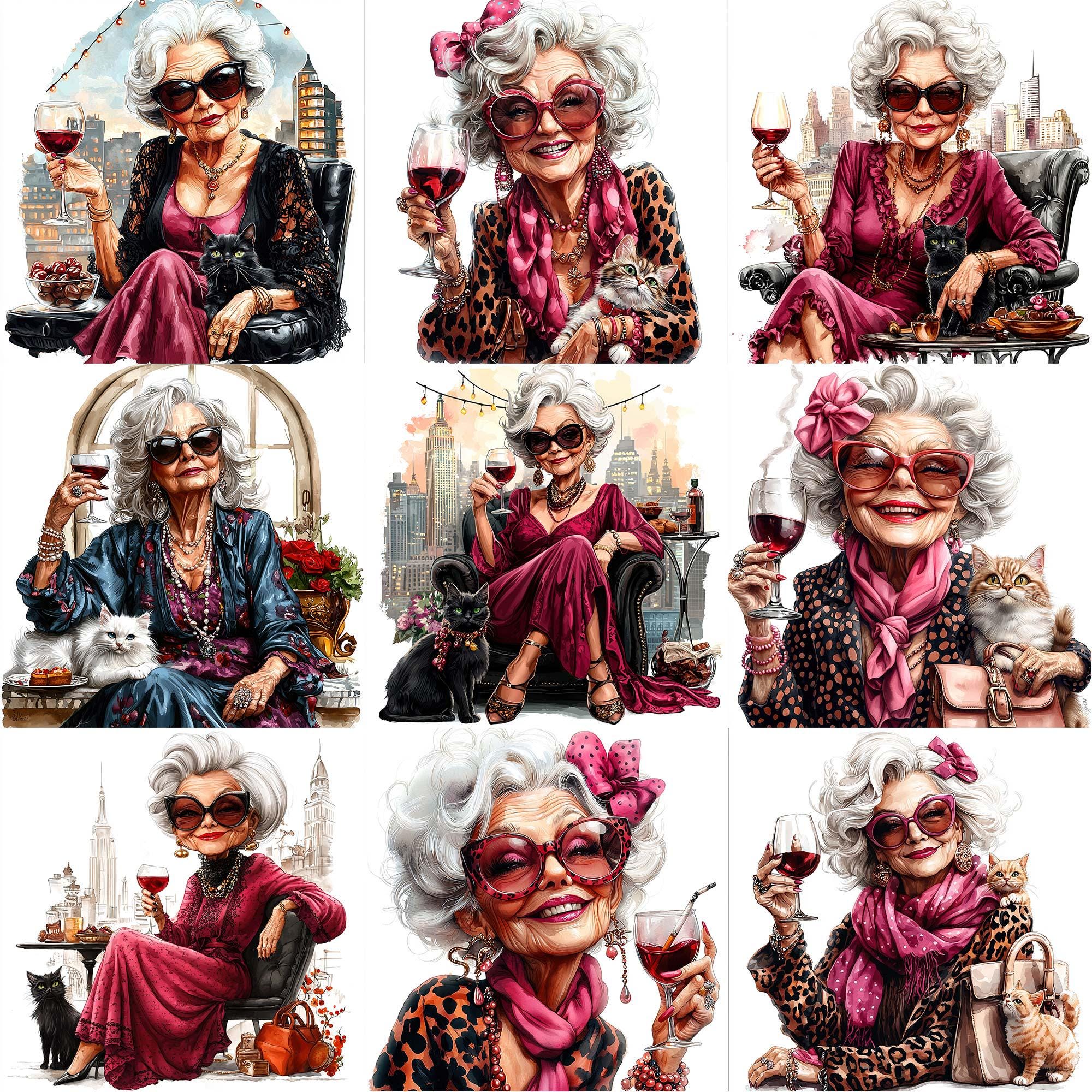 JPEG Watercolor Elderly Lady Having Red Wine Clipart Bundle Celebrating ...
