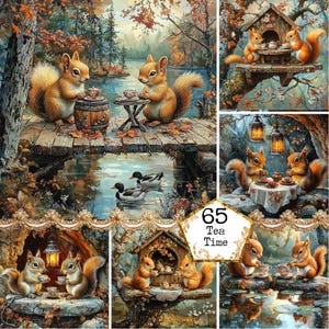 JPEG Graphiques de l'heure du thé Écureuils Animaux de la forêt Forêt Clipart Graphiques écureuil Téléchargement instantané Papier Artisanat indésirable Journal Scrapbooking