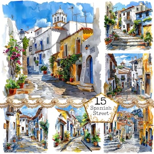 JPEG acuarela español calle clipart paquete JPEG ciudad europea paisaje clipart descarga instantánea artesanías de papel diario basura scrapbooking