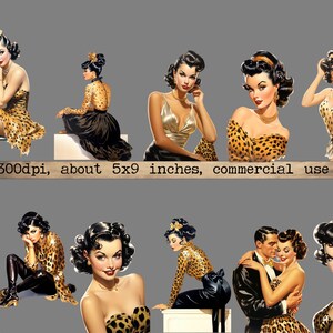 May include: A digital collage of ten images featuring women in various poses wearing leopard print clothing. The images are set against a gray background. 300dpi, about 5x9 inches, commercial use.