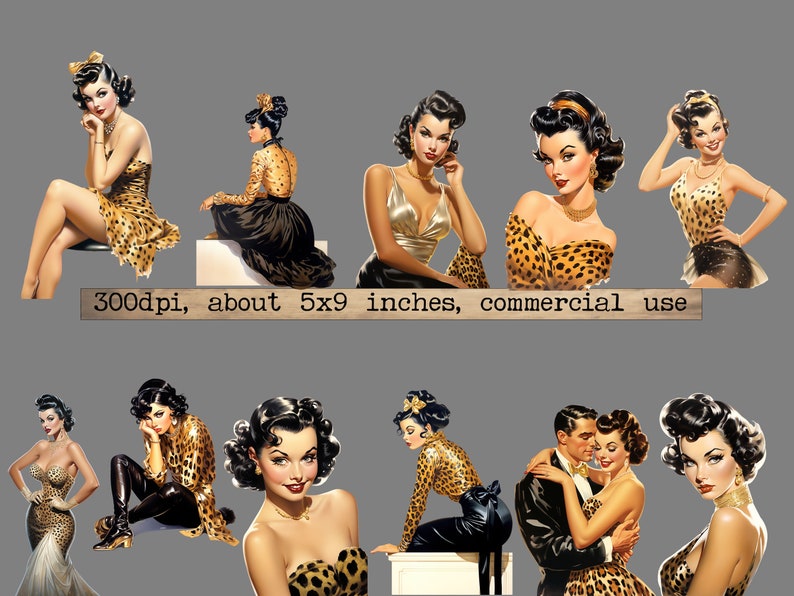 May include: A digital collage of ten images featuring women in various poses wearing leopard print clothing. The images are set against a gray background. 300dpi, about 5x9 inches, commercial use.