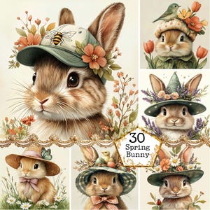 Lapin printanier aquarelle JPEG avec un chapeau Clipart lapin mignon Clipart printemps art téléchargement immédiat Paper Craft Junk Journal Scrapbooking