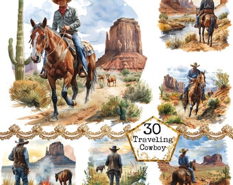 JPEG Watercolor Western Cowboy JPEG Horse Clipart Landscape Images Commercial Use Instant Download Paper Crafts Junk Journal Scrapbooking