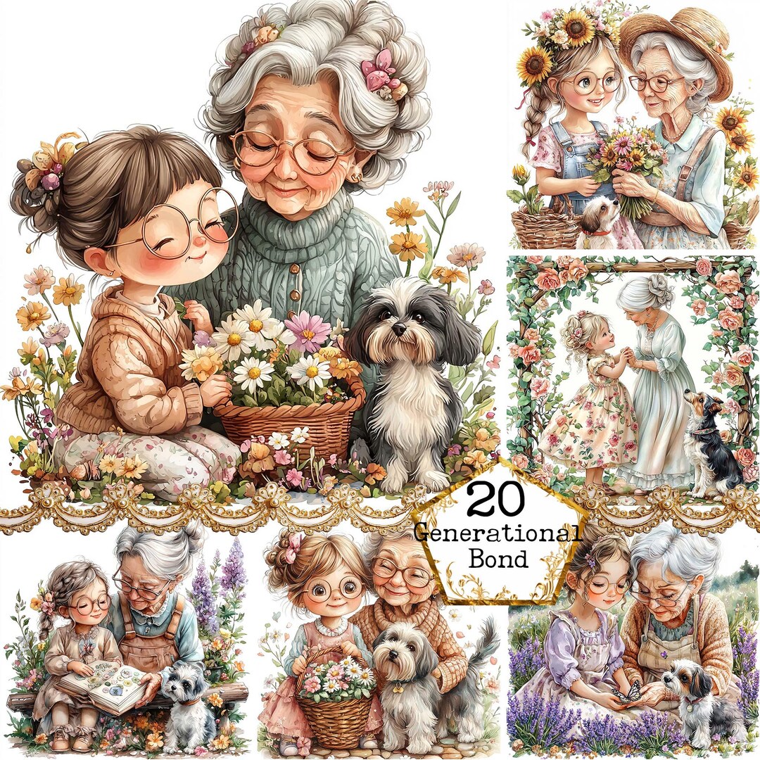 JPEG Watercolor Cute Granny With Grandchild Clipart Bundle Best Friends ...