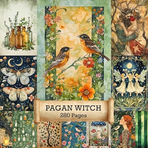 May include: A collage of watercolor illustrations with a Pagan Witch theme. The central image features two orange and black birds perched on a flowering branch. Other images include butterflies, fairies, and potion bottles. The text "Pagan Witch 280 Pages" is displayed on a scroll.