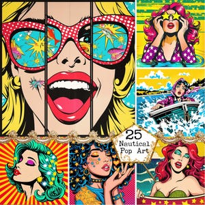 May include: A collection of pop art prints featuring women in vibrant colors. The main image is a close-up of a woman wearing red-rimmed sunglasses with fish inside the lenses. Other images include women with star-shaped sunglasses, in a boat, and with nautical themes.