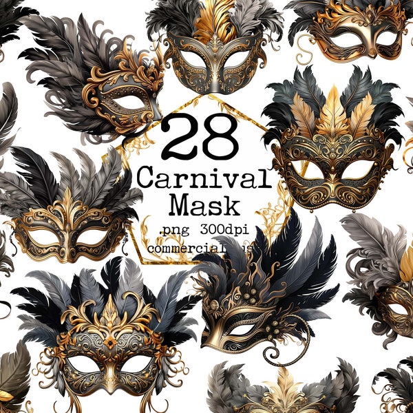 Carnival Mask Clipart PNG  Masquerade Masks Clipart Mardi Gras mask clip art Carnival graphics Venetian mask costume party commercial use