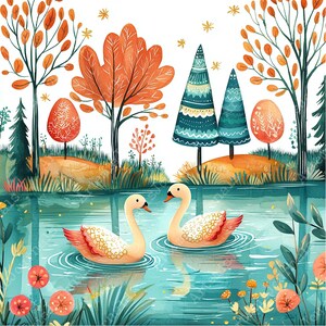a painting of two swans swimming in a pond