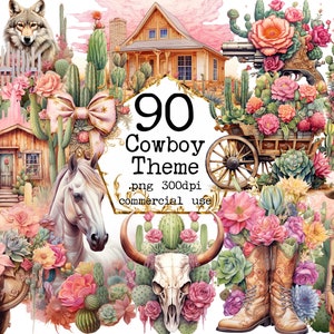 Bundle de cliparts western aquarelle PNG Cowboy Ranch Format PNG Cowgirl Clipart Far West PNG Téléchargement instantané pour un usage commercial