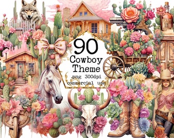 PNG Aquarell Western Clipart Bundle Cowboy Ranch PNG Format Cowgirl Clipart Wilder Westen PNG Sofortiger Download für kommerzielle Nutzung