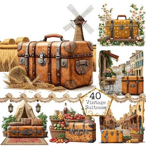 JPG Aquarela Vintage Couro Mala de Viagem Clipart Pacote Retro Bolsa de Viagem Clipart Download Instantâneo Papel Artesanal Junk Journal Scrapbookin