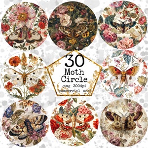 PNG Aquarell Vintage Motte Kreis Sublimation Design Clipart Blumen Motte PNG Sofortiger Download Papier Handwerk Junk Journal Scrapbooking
