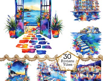 Paquete de imágenes prediseñadas de acuarela de la Riviera: 30 ilustraciones de la costa mediterránea, arte de pueblos costeros, barcos oceánicos, senderos de playa y verano colorido.