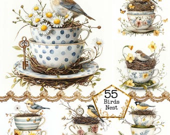 JPEG Watercolor Spring Teacup with Bird Nests Clipart Bundle Spring Graphics Floral Instant Download Paper Crafts Junk Journal Scrapbooking