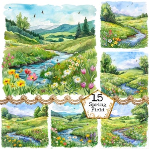 Watercolor Spring River JPEG Nature Clipart Landscape Clipart Watercolor Landscape Instant Download Paper Crafts Junk Journal Scrapbooking