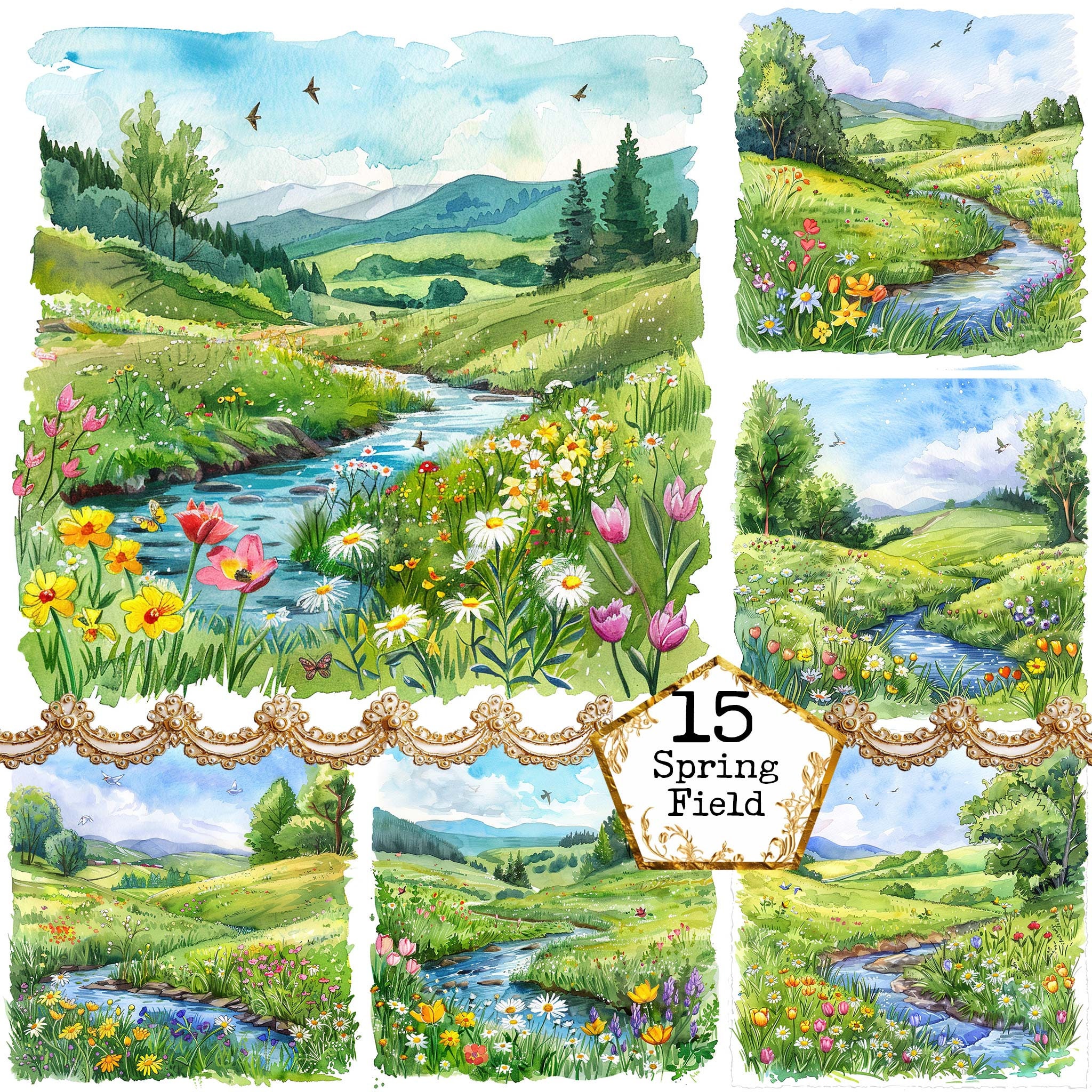 Watercolor Spring River JPEG Nature Clipart Landscape Clipart Watercolor Landscape Instant Download Paper Crafts Junk Journal Scrapbooking