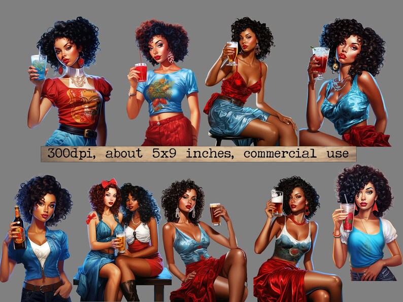 K&ouml;nnte beinhalten: Eine digitale Illustration von acht Frauen mit verschiedenen Frisuren und Outfits, jede h&auml;lt ein anderes Getr&auml;nk. Die Frauen sind in verschiedenen Posen dargestellt, einige sitzen, einige stehen und einige lehnen sich an Gegenst&auml;nde. Der Hintergrund ist ein einfaches Grau.