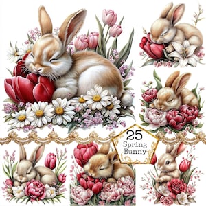 JPEG Watercolor Spring Rabbit Clipart Bundle Cute Bunny Clipart Spring Flowers Art Instant Download Paper Crafts Junk Journal Scrapbooking
