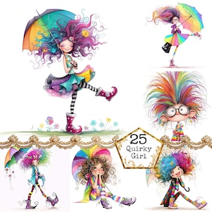 JPEG Whimsical Girl with Umbrella Clipart Bundle Quirky spring Girl Watercolor Girl Instant Download Paper Crafts Junk Journal Scrapbooking