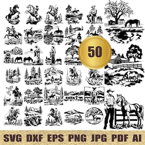 50 Western Ranch svg, dxf, eps, ai, pdf, jpg, png Western Svg, Cowgirl Svg, Cowboy Ranch silhouette ,  Horse svg, cut file Cowboy Scene