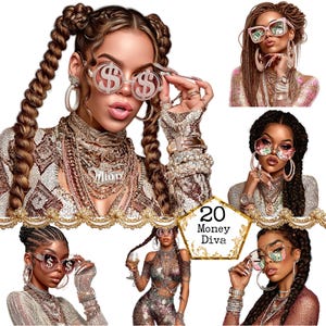 PNG + JPEG Ragazza con soldi Clipart Bundle Ragazza nera Amante dei soldi Ragazza capo Clipart Download immediato Carta artigianale Diario spazzatura Scrapbooking
