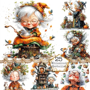Paquete de imágenes prediseñadas de herbolario caprichoso de acuarela JPEG, imágenes prediseñadas de anciana abuela, descarga instantánea, manualidades de papel, diario basura, álbumes de recortes