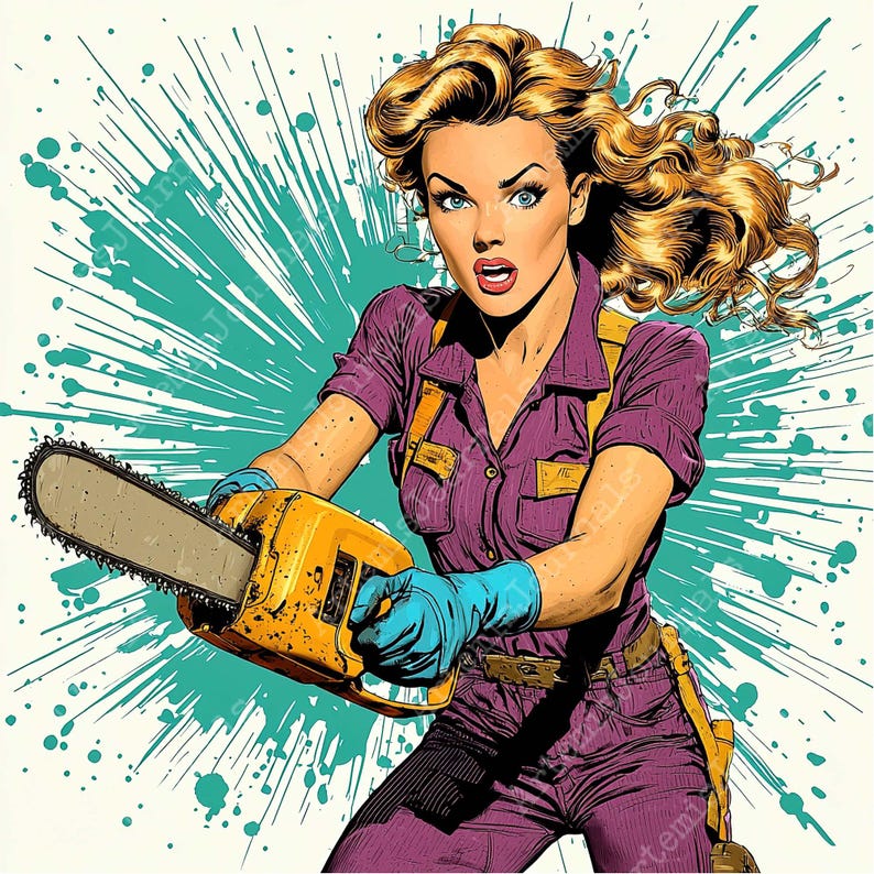 May include: A woman in a purple jumpsuit and blue gloves holds a yellow chainsaw with a black handle. The background is a teal and white splatter pattern.