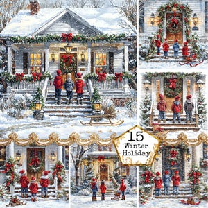 Paquete de ilustraciones de villancicos navideños en acuarela JPEG Gráficos navideños para niños Descarga instantánea Manualidades en papel Diario basura Scrapbooking