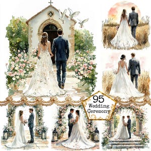 Pacote de clipart de cerimônia de casamento em aquarela JPEG, clipart de casamento de verão, download instantâneo comercial, artesanato em papel, diário de lixo, scrapbooking