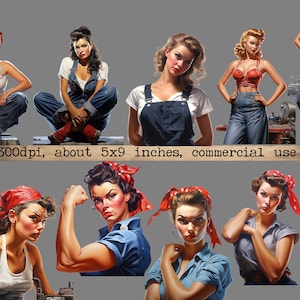 Op de afbeelding: Een digitale illustratie van tien vrouwen in verschillende poses, gekleed in rood, wit en blauw. De vrouwen dragen overalls, jurken en shirts. De afbeelding is geplaatst tegen een grijze achtergrond. 300dpi, ongeveer 5x9 inch, commercieel gebruik.