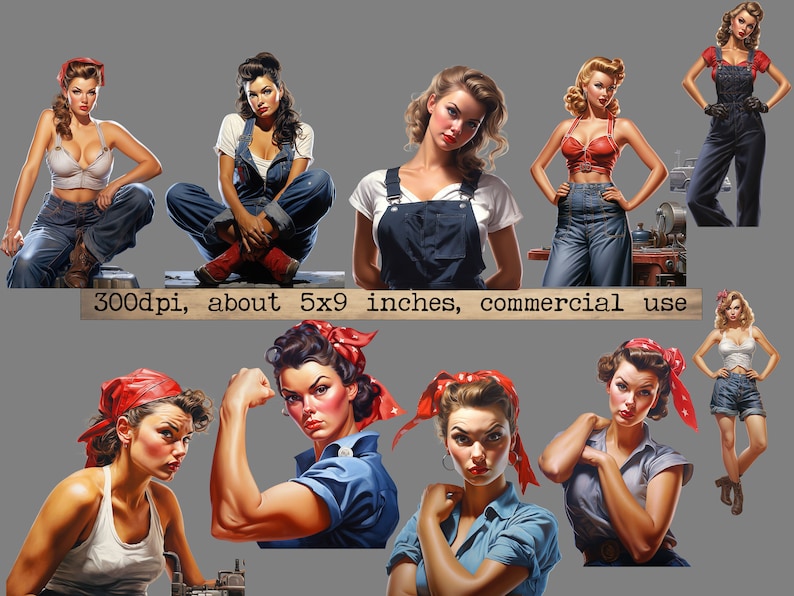 Op de afbeelding: Een digitale illustratie van tien vrouwen in verschillende poses, gekleed in rood, wit en blauw. De vrouwen dragen overalls, jurken en shirts. De afbeelding is geplaatst tegen een grijze achtergrond. 300dpi, ongeveer 5x9 inch, commercieel gebruik.