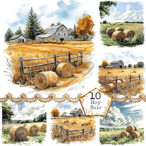 JPEG Watercolor Hay Bale Clipart Bundle Rustic Farm Field Clipart Cottagecore Instant Download Paper Crafts Junk Journal Scrapbooking