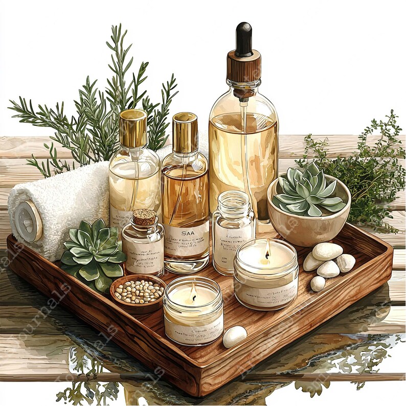 May include: A wooden tray with a variety of spa products, including candles, essential oils, and a small succulent plant. The tray is decorated with white stones and a white towel.
