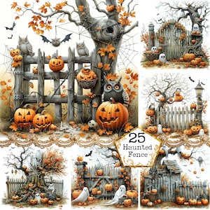 Imágenes con gráficos de fantasmas de Halloween caprichosos en una cerca rústica espeluznante, descarga instantánea de arte digital, manualidades con papel, diario basura, álbumes de recortes