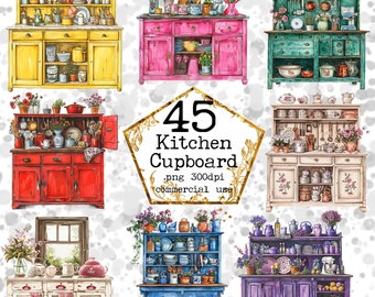 Acuarela Vintage Armarios Clipart Paquete Cocina Antigua Clipart Uso Comercial Descarga Instantánea Papel Artesanía Junk Journal Scrapbooking
