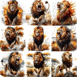 May include: Nine different images of lions in various poses. The lions are depicted in a realistic style with detailed fur and expressions. The images are set against a backdrop of lush green foliage and vibrant flowers.