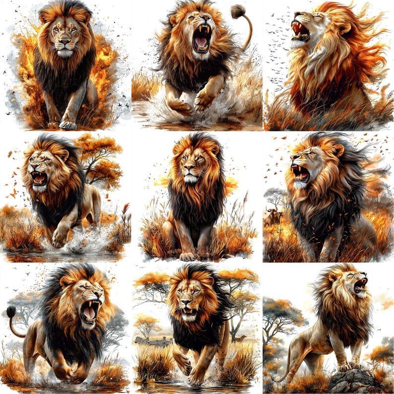 May include: Nine different images of lions in various poses. The lions are depicted in a realistic style with detailed fur and expressions. The images are set against a backdrop of lush green foliage and vibrant flowers.