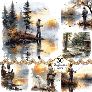 Angeln Nachmittag Clipart JPEG Instant Download Berg Nabe Fluss Clipart Mann und Hund Kommerzielle Nutzung Papier Handwerk Junk Journal Scrapbooking