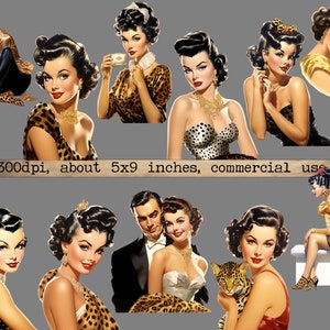 May include: A digital collage of nine images featuring women in vintage style clothing and hairstyles. The women are wearing leopard print dresses, a black dress, and a white polka dot dress. Some of the women are holding a cup of coffee, a leopard, and a bouquet of flowers. The text "300dpi, about 5x9 inches, commercial use" is at the bottom of the collage.
