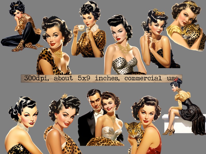 May include: A digital collage of nine images featuring women in vintage style clothing and hairstyles. The women are wearing leopard print dresses, a black dress, and a white polka dot dress. Some of the women are holding a cup of coffee, a leopard, and a bouquet of flowers. The text "300dpi, about 5x9 inches, commercial use" is at the bottom of the collage.
