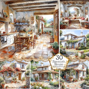 Oude Spaanse huis clipartbundel hoge kwaliteit aquarel JPGs architectuur kunst, JPEG Instant Download papier ambachten ongewenste dagboek scrapbooking